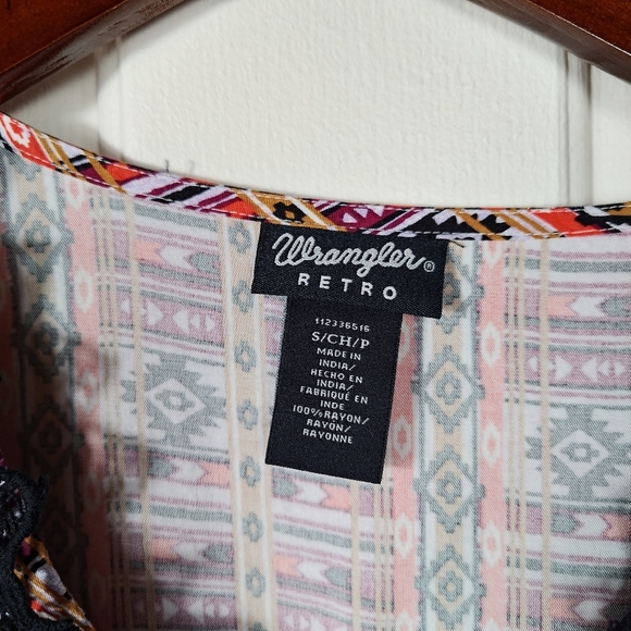 Wrangler Geometric Multicolor Patterned Black Lace V-neck Long Sleeve Top Smal - Picture 8 of 13